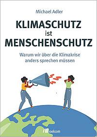 Buchcover "Klimaschutz ist Menschenschutz" mit Illustration ziwer Personen auf einer Erdkugel