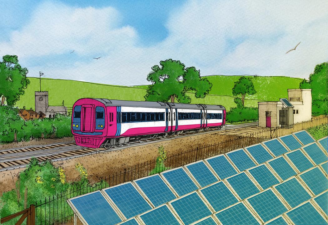 Wenn es nach der Klimaorganisation 10:10 geht, könnten Bahnstrecken in Südengland bald so aussehen: Kleine Solarparks entlang der Stecke speisen ihren sauberen Strom direkt ins Bahnnetz ein und treiben vorbeifahrende Pendler-Züge an. (Grafik: © 10:10 Climate Action)