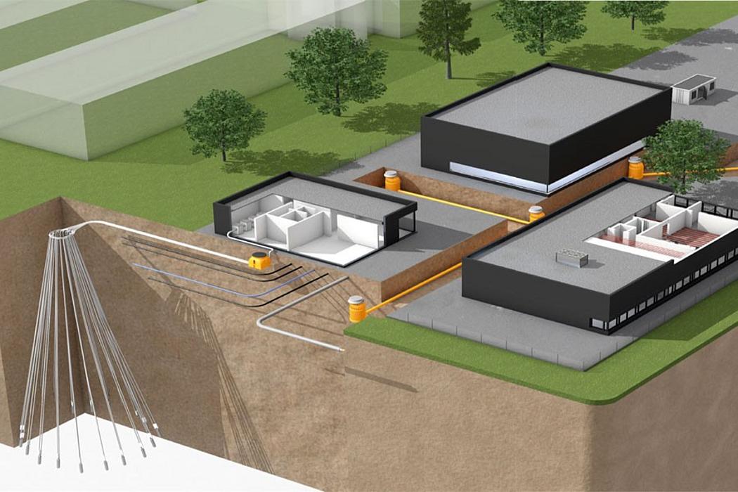 Computerskizze GeoStar: Durch die Schrägbohrtechnik erreichen die Erdwärmesonden auf Wärmereservoire unterhalb von bestehenden Gebäuden, hier am Beispiel des Institutsgebäudes des Fraunhofer IEG.