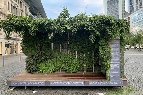 bepflanzter Container auf einem Stadtplatz