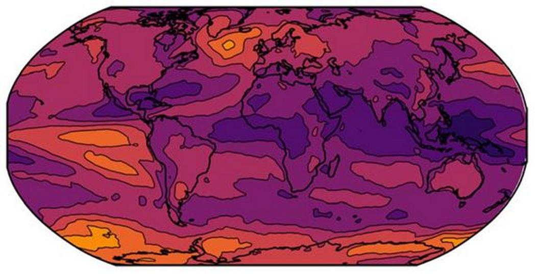 Weltkarte mit Temperatureinfärbungen.