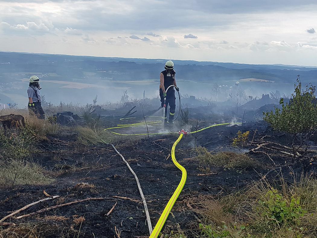Feuerwehrleute, mit Atemschutzmasken, löschen die letzten Reste eines Waldbrandes 