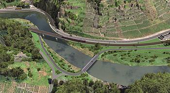 Visualisierung eines Fahrradwegs an und über einem Fluss