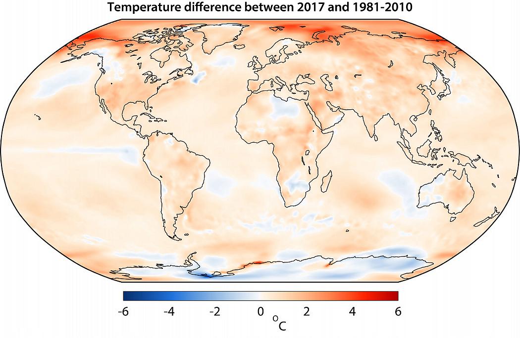 Die Temperaturveränderungen von 2017 im Vergleich zur Referenzperiode von 1981 bis 2010. (Foto: © <a href=" https://climate.copernicus.eu/news-and-media/press-room/press-releases/2017-extends-period-exceptionally-warm-years-first-complete ">Copernicus Climate Change Service, EZMW</a>)