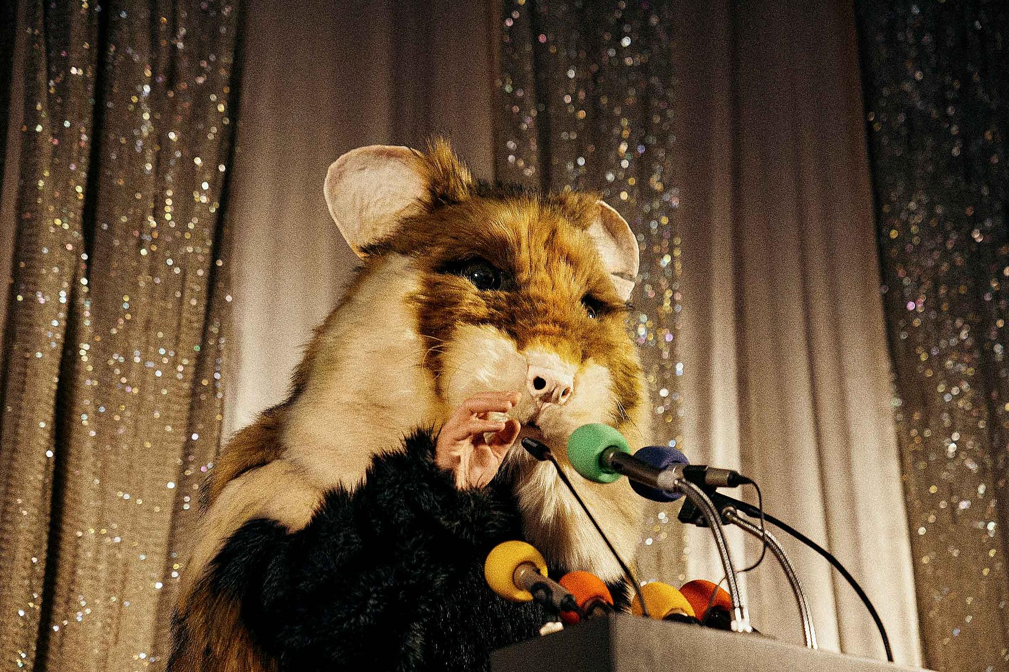 Mensch im Hamsterkostüm auf einer Bühne spricht in Mikros