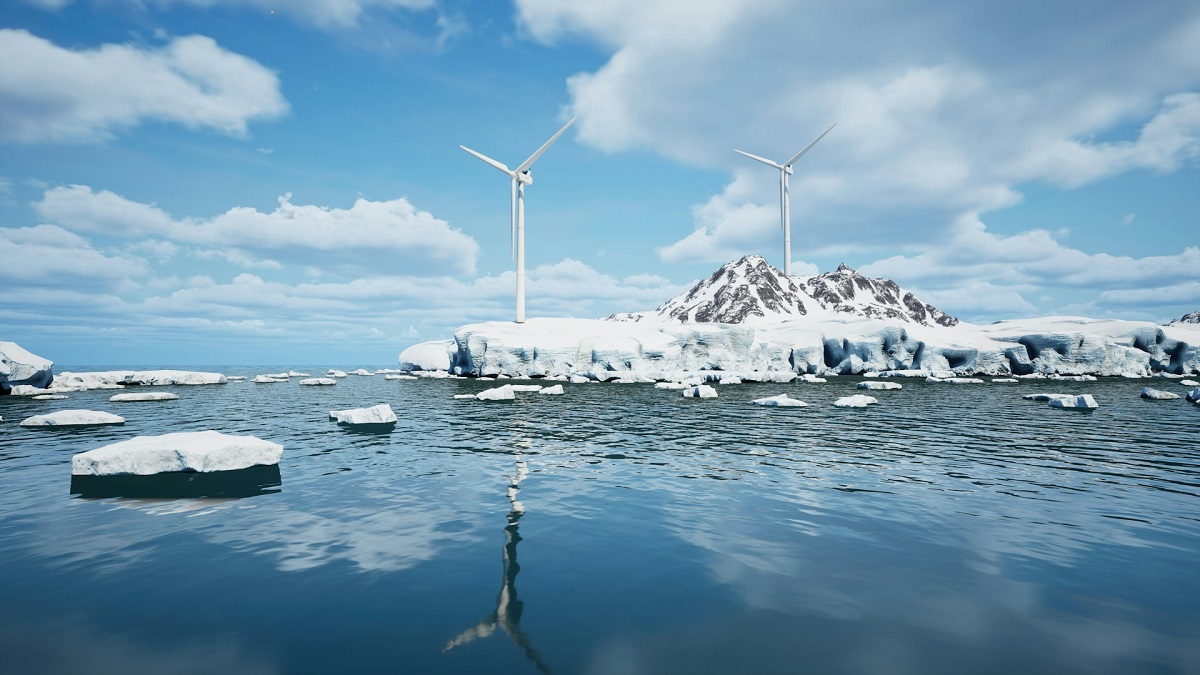 Windräder auf Eisbergen im Wasser