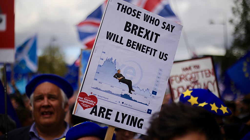 Schild auf einer Demonstration. Auf dem steht: "Those who say Brexit will benefit us, are lying"