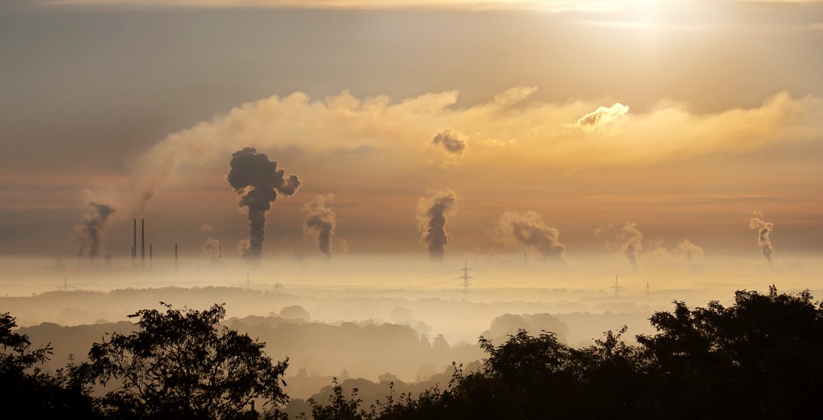 Panorama von Wäldern und rauchenden Industrieschloten im Sonnenuntergang.